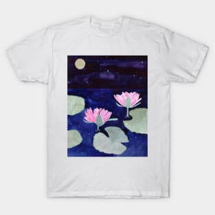 Water Lilies at Night Watercolor Art T-Shirt